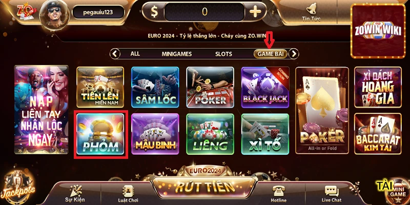 Tìm chọn biểu tượng game phỏm trong danh mục game bài